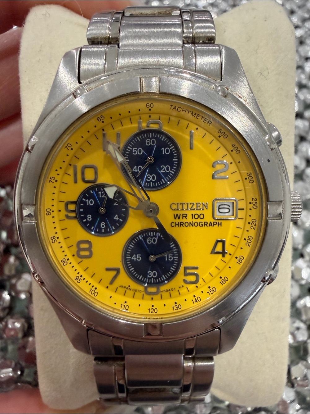 Citizen Stainless Steel Chronograph Watch with Yellow Dial and Blue Subdials